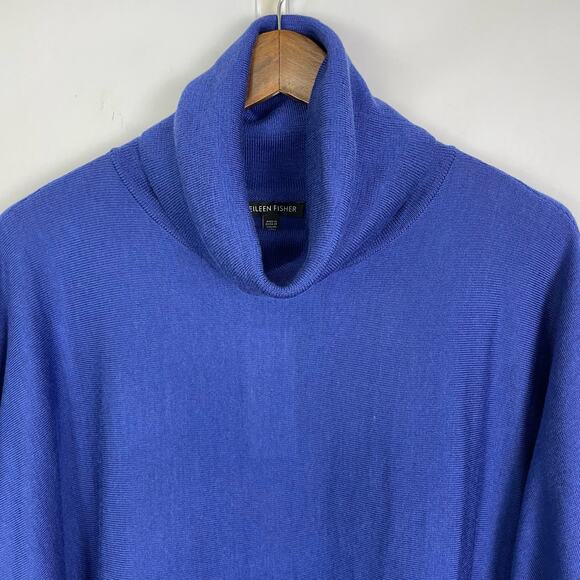 Eileen Fisher | NWT Royal Blue Merino Wool Turtleneck Asymmetrical Hem Sweater - Picture 4 of 11